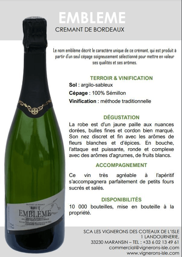 Emblème AOC Crémant de Bordeaux Brut, 75cl