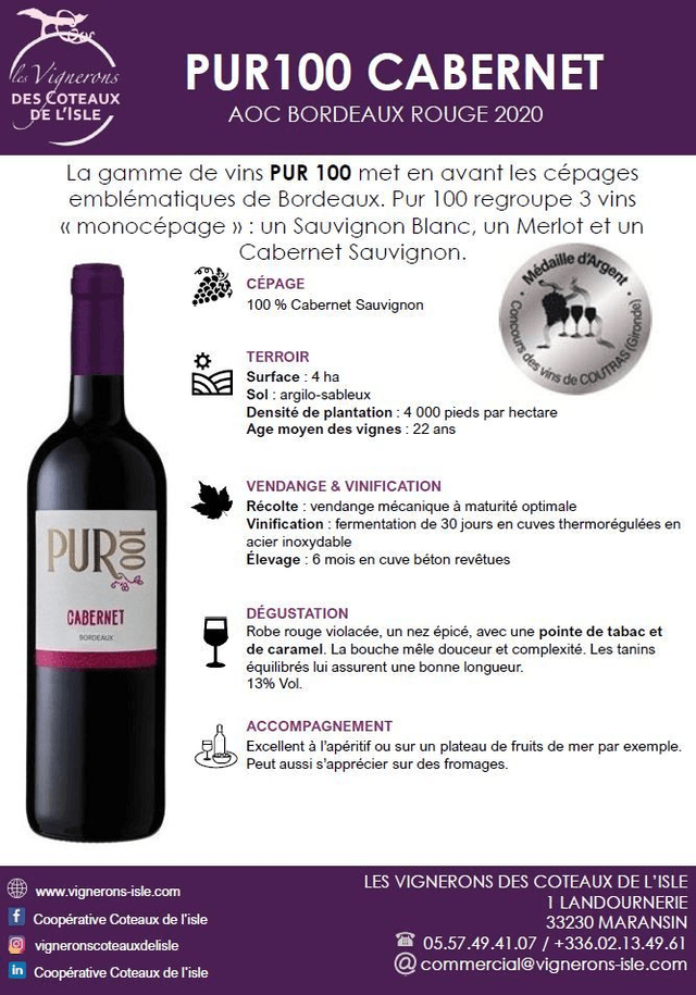 PUR100 Cabernet 2020, 75cl